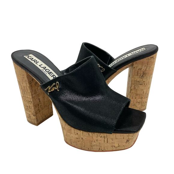 Karl Lagerfeld Paris | Henlsey Black Leather Cork Platform Block Heel Sandals - Picture 2 of 11